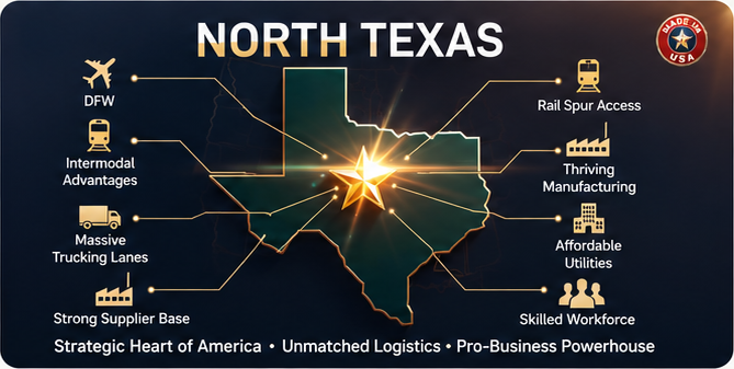 North Texas logistics map — DFW airport, rail spur access, intermodal hub, trucking lanes, supplier base, skilled workforce, thriving manufacturing, affordable utilities. Strategic Heart of America.