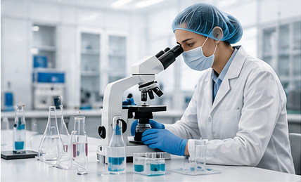 Lab microscope and technician