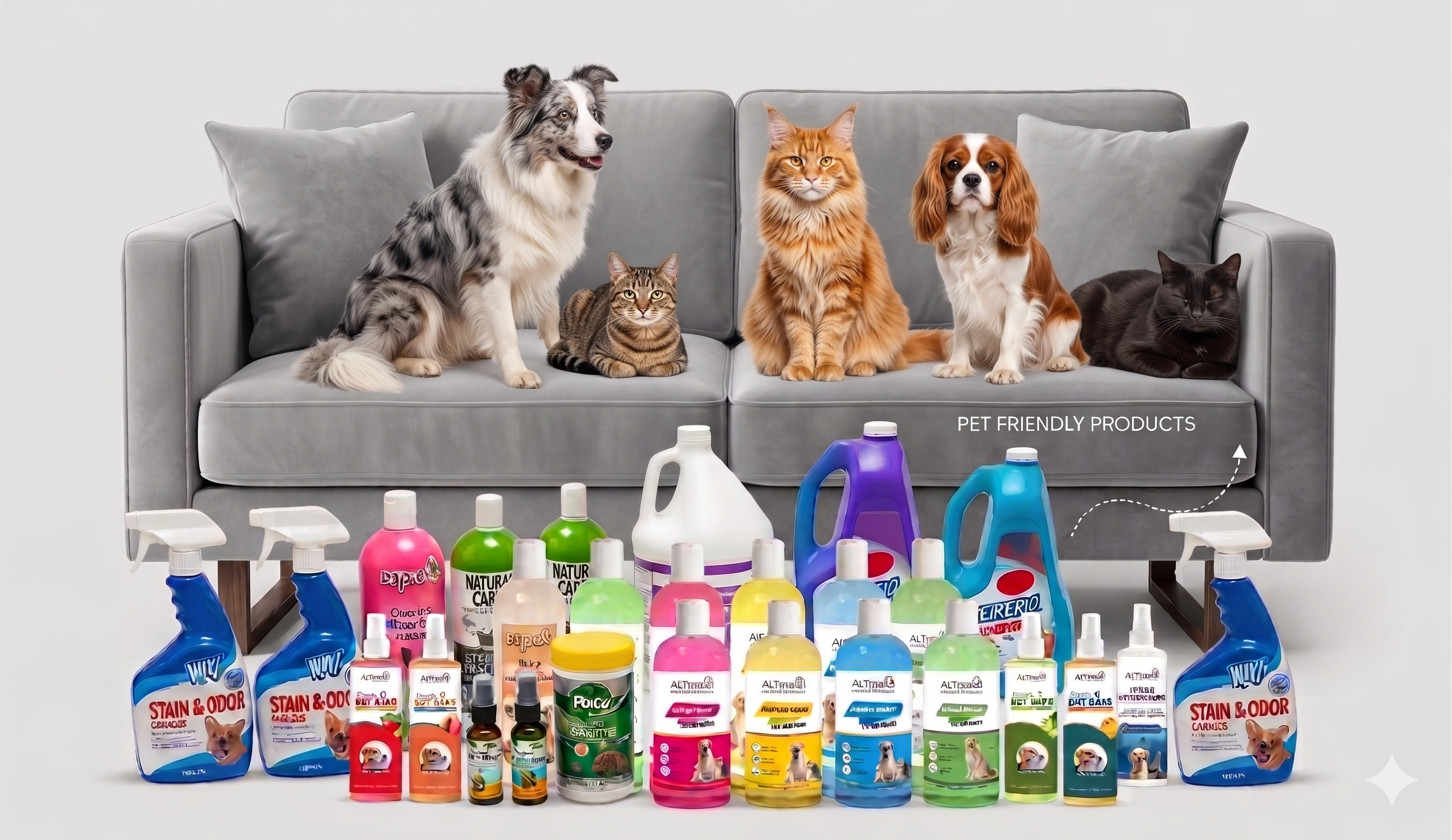 Pet care products staged with household pets